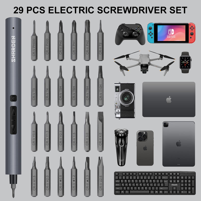 SHARDEN Mini Electric Screwdriver,29 in 1 Small Electric Screwdriver Kit with 24 Magnetic Bits,Precision Screwdriver Cordless Repair Tool for Phone Camera Laptop Watch 29 in 1 Blue