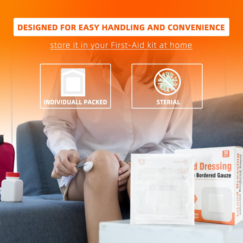 [4''x4''-30count] Carbou Island Dressing Bordered Gauze Sterile Individually Wrapped Gauze Pads,Highly Absorbent Adhesive Dressing Pad,Soft and Breathable Wound Dressing for Wound Care 4‘’x4''