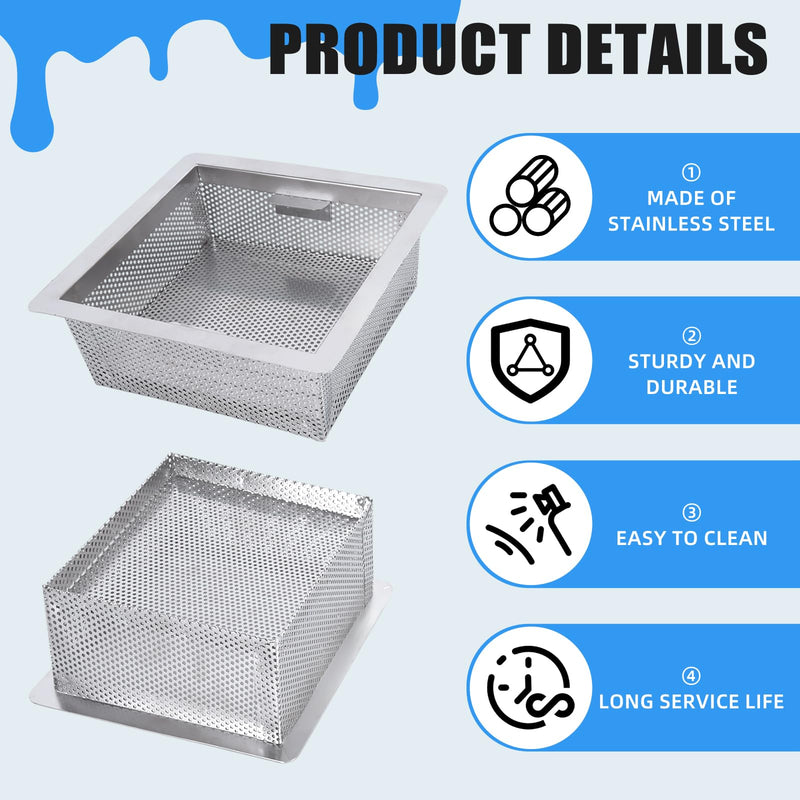 8.5 in x 8.5 in x 3 in Stainless Steel Commercial Floor Drain Strainer, Commercial Floor Drain Large Drainage Area for Restaurant, Bar, Buffet