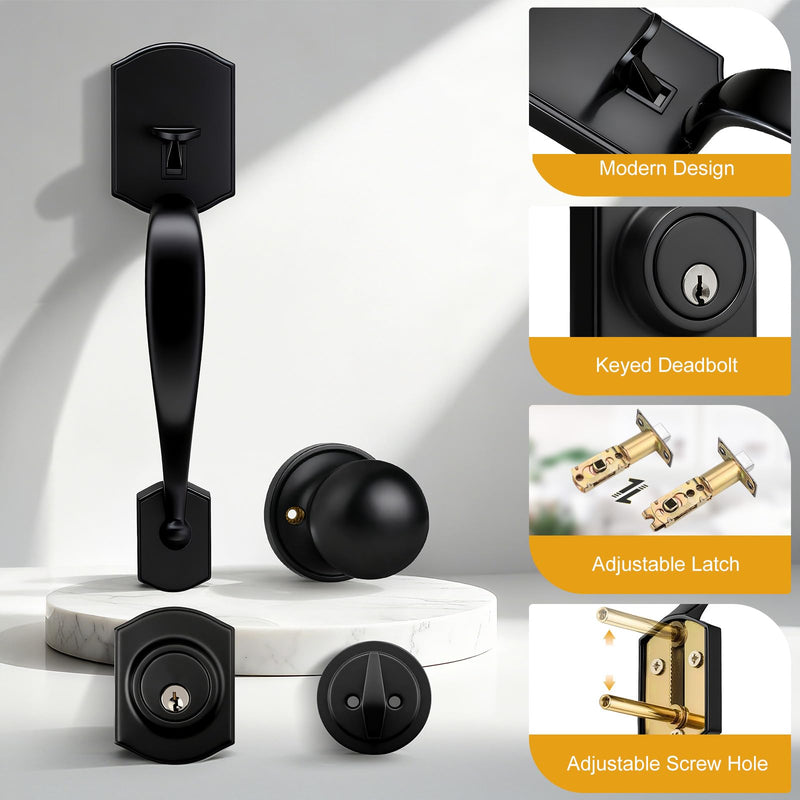 Probrico Matte Black Front Door Handleset, Exterior Door Lock Set with Deadbolt Single Cylinder Front Door Knob and Deadbolt Set, 1 Set