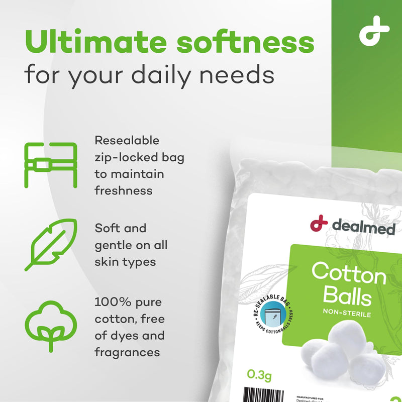 Dealmed 300 ct. Cotton Balls for Face, Makeup, Medical Uses, & DIY Crafts | Non-Sterile Bulk Pack | Resealable Zip-Locked Bag | 100% Pure Cotton, Soft, Absorbent, Gentle (Pack of 1) 300 Count (Pack of 1)