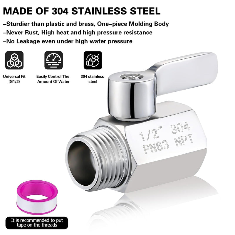 [2 Pack] Shower Head Shut Off Valve,304 Stainless Steel Mini Ball Valve NPT Thread(1/2"),Shower Head Flow Control Valve 2 Pack 1/2"