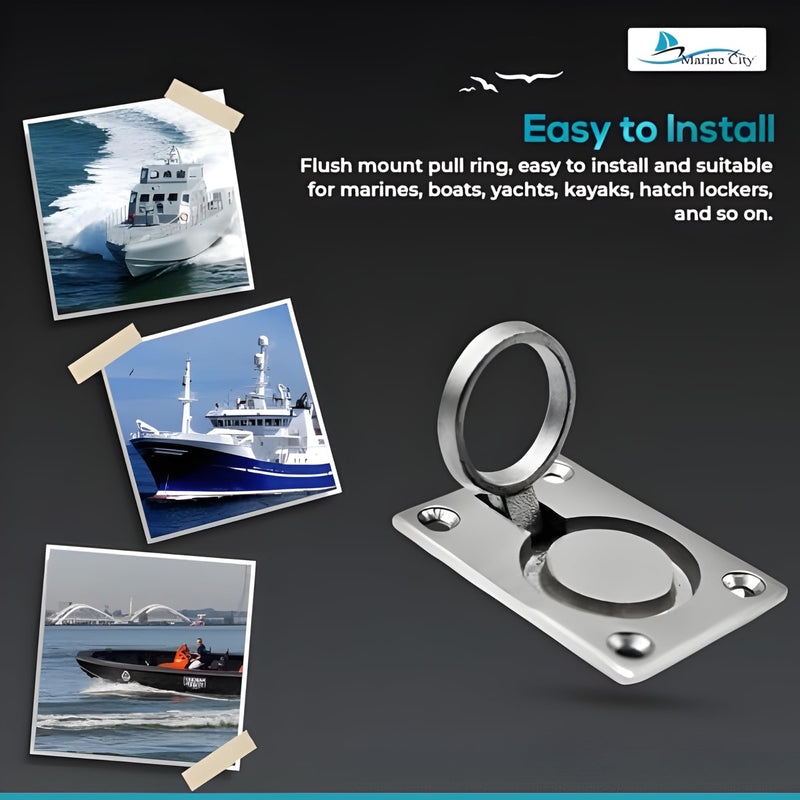 MARINE CITY Locker Lift Pull Ring Handle – 316 Stainless Steel, Corrosion-Resistant, 4-Point Fixing for Marines Boats Yachts 2 X 1.5 Inches
