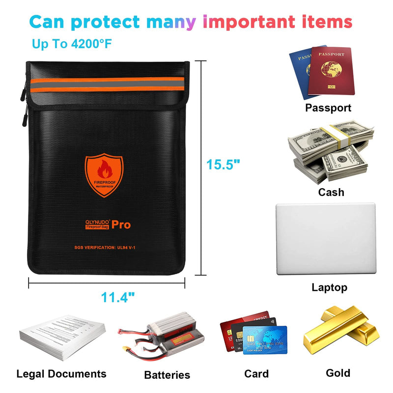 4200℉ Upgraded Fireproof Document Bag, Important Waterproof Document Holder with Thermal Insulation Layer, Legal Size Fireproof Envelope with Zipper/Reflective Strip 4200℉ Legal size upgrade Black