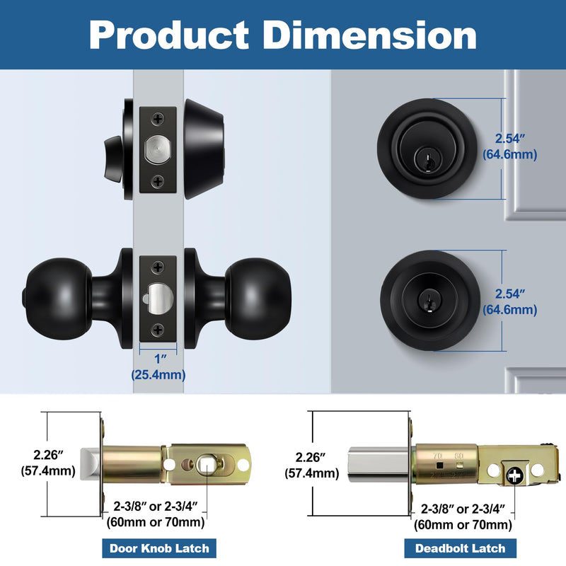 BESTTEN 2 Pack Keyed Same Exterior Door Knobs and Single Cylinder Deadbolts Combo Set, Keyed Alike Entry Door Knobs with Locks and Keys for Entrance and Front Door, Matte Black 2 PK Deadbolt Lockset
