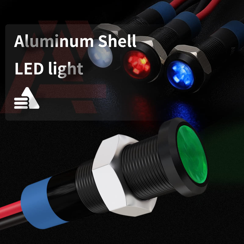 APIELE Indicator Light 6mm 1/4" Waterproof IP65 Metal Signal Lamp 12V-24V AC/DC LED Pilot Dash Lamp Aluminum Red 5 PCS with 150mm Wire for Car Truck Boat (Red) Black Shell-Red