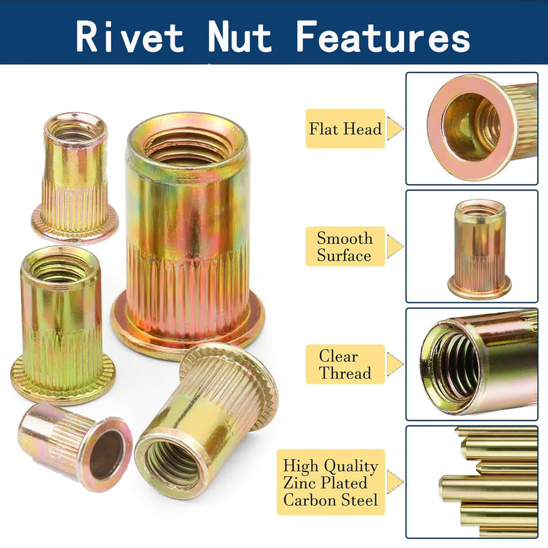 Rivet Nut #6-32 UNC 160Pcs Yellow Zinc Plated Finish Flat Head Rivnut Threaded Insert Nut Knurled Body (Yellow #6-32)