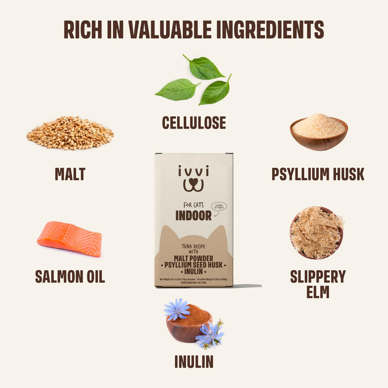 ivvi Indoor Hairball Support Cat Treat – Creamy Lickable Treat for Indoor Cats – Malt & Fiber Digestive Support – Helps Reduce Hairballs – Grain Free – 15g Sachets