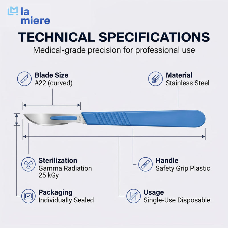 LA MIERE 10-Pack Disposable Surgical Scalpel (#22) Knives, Sterile Stainless Steel Blades, Plastic Handles, Individually Foil Wrapped #22