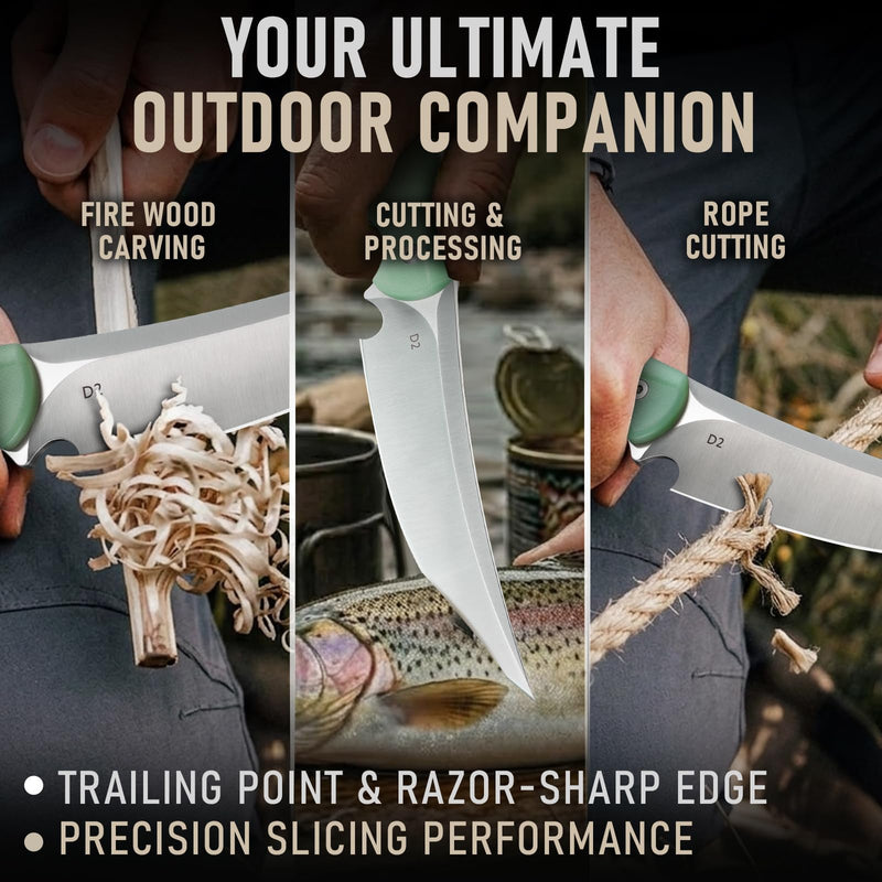 Purple Dragon Hunting Knife with Sheath - D2 Steel Fixed Blade Knife with Ergonomic G10 Handle - Full Tang Survival Knives for Bushcraft, Hiking - Gift Idea for Dad Men - Jade Green