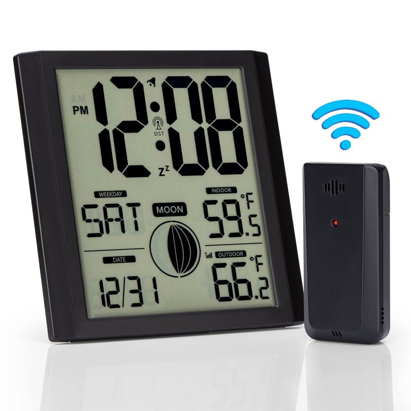 Atomic Wall Clock with Indoor/outdoor Temp Large Number Display Silent Battery Operated Alarm Analog Digital Clocks for Bedroom Dementia Seniors Desk Living Room Office Bathroom Kitchen Shower Black