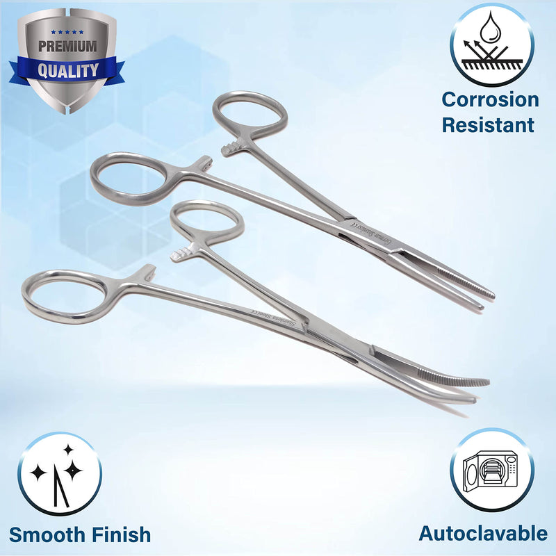 Set of 2 Pcs 5.5" Straight & Curved Kelly Hemostat Forceps Locking Clamps Premium Quality Stainless Steel Set-with Half Serrated Jaws (Silver) Silver