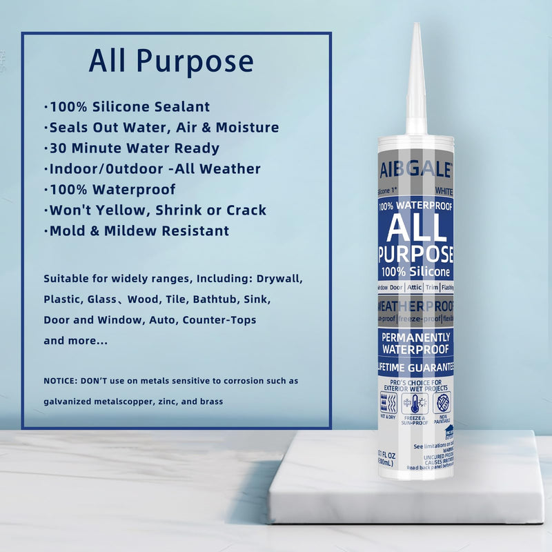 4 Pack of White Silicone Sealant Waterproof, All-Purpose 100% Silicone Caulk, Adhesive Caulking Sealant Tool for Indoor & Outdoor Windows, Aquarium, Bathtub Auto Leak Seal, 10.1 oz Cartridge (4) 4