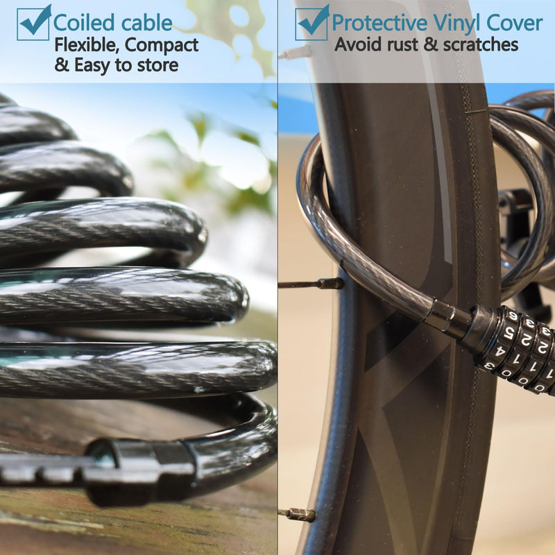 MARQUE Combination Bike Lock Cable- 3/8 inch (5FT, 10FT, 15FT, 25FT) Resettable Combination Lock, Anti-Theft Coiled Secutiry Cable for Bicycles, Kayaks, Paddle Boards, Gates and Outdoor Gear (10 FT) 10 FT