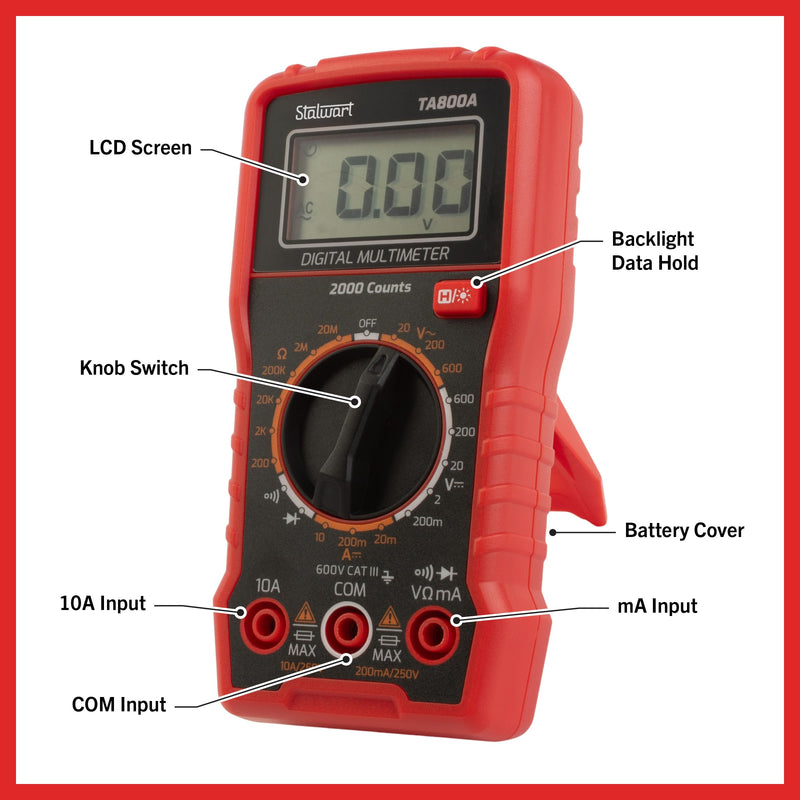 Multimeter Voltage Tester - Digital Volt Meter with Backlit Display and Needle Probes for AC/DC Voltage, DC Current, and Wire Continuity by Stalwart
