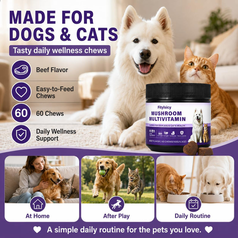 Mushroom Supplement for Dogs & Cats, 11-in-1 Pet Multivitamin Soft Chews, 13 Organic Mushrooms with Glucosamine, Chondroitin, MSM & Omega-3, Immune, Gut, Joint, Skin & Coat Support, Beef, 60 Count