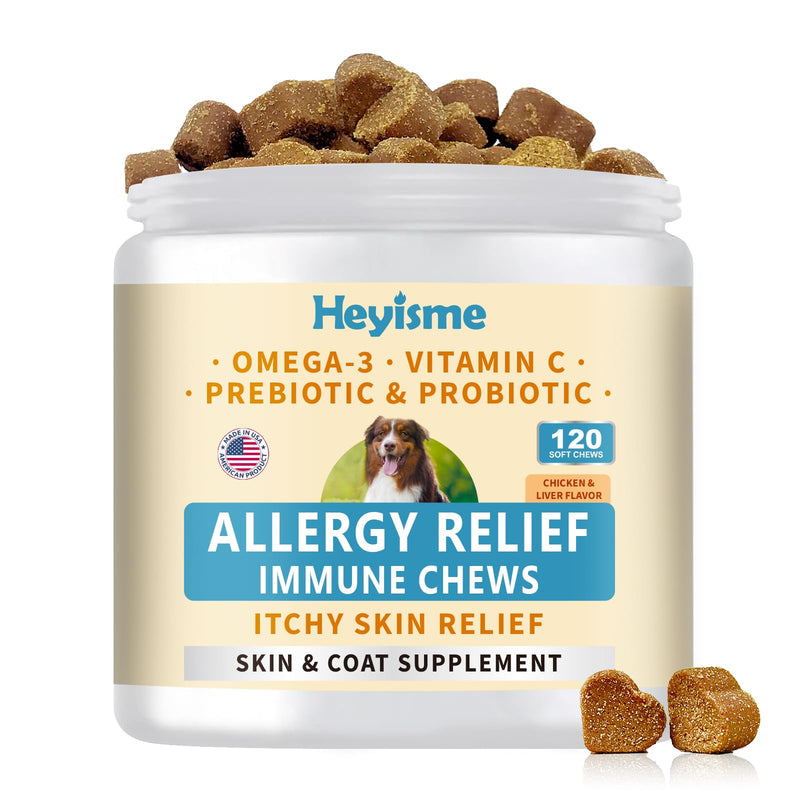 Dog Allergy Relief Chews, Itch Relief, Probiotics for Dogs, Omega-3 Fish Oil, Seasonal Allergy and Itchy Skin Treatment, Immune Support Supplement (120 Chews, Chicken) 120 Chews