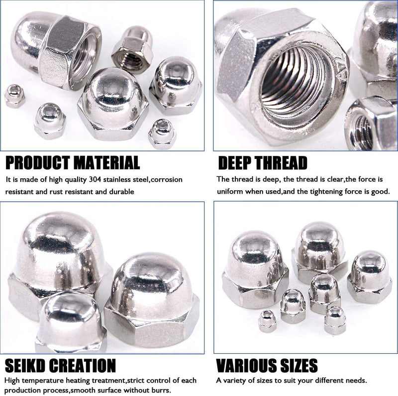 #6-32#8-32#10-24 1/4-20 5/16-18 3/8-16 SAE 304-Stainless Steel Acorn Dome Cap Head Hex Nuts Assortment Kit