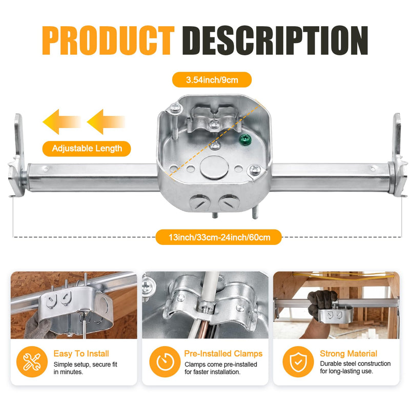 Adjustable Brace for Ceiling Fans, Ceiling Mounting Bracket Electrical Box Silver 13-24 INCH