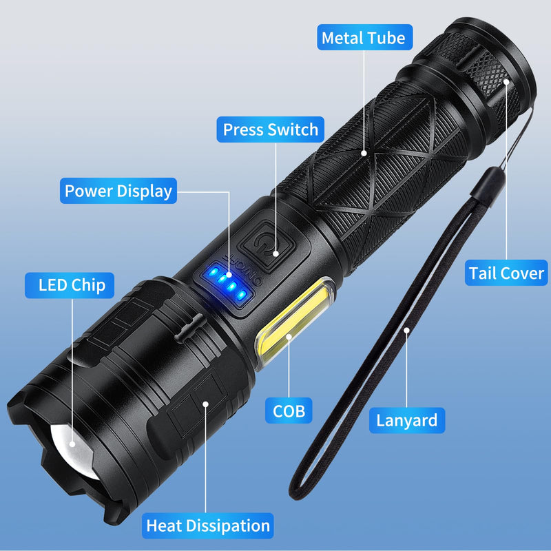 Rechargeable LED Flashlights High Lumens, 99,000 Lumen Super Bright Flashlight with 7 Modes & Waterproof, Powerful USB Rechargeable Handheld Flash Light for Camping Home Black
