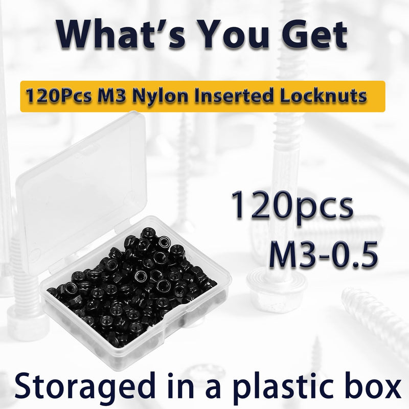M3 Locknuts 120PCS Metric Nylon Inserted Hex Lock Nuts Self-Lock Nylon Insert M3x0.5mm Carbon Steel Self Locking 5.5mm Hex Nut Driver Tiny Nut for RC Bike Pedals 3D Printer M3
