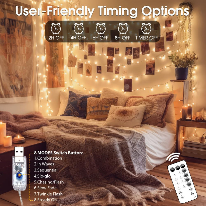Photo Clip String Lights with Remote, 40FT 120 LED USB Powered Fairy Lights Picture Clips, 8 Modes with 50 Clear Clips for Dorm, Bedroom, Christmas, Party, Wedding Decor (Warm White) Warm White 8 Modes USB Powered-120LED