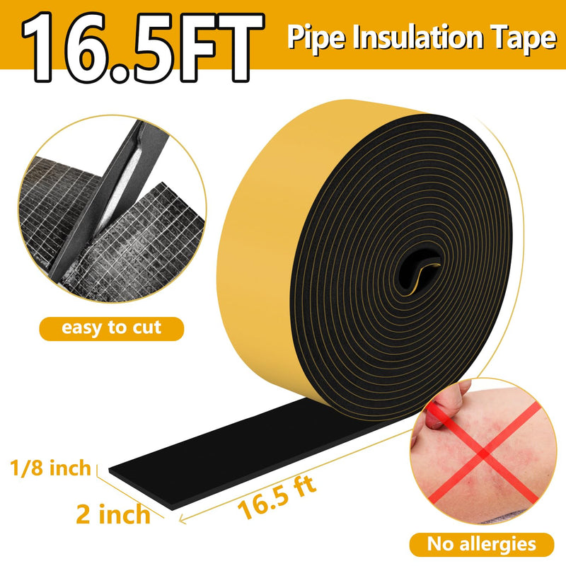 Pipe Insulation Tape, Pipe Wrap Insulation Foam Tape Self Adhesive, Outdoor Water Pipe Insulation, Ac Line Insulation, HVAC Tape, Heat Tape For Water Pipe, 2 inch x 16.5 FT Pipe Insulation Roll,Black 2" wide x 1/8" thick x 16.5ft long Black