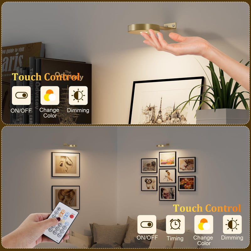 Picture Lights for Wall Battery Operated,4-Pack Magnetic Battery Operated Picture Light,Dimmable Timer Wall Lights for Pictures on Wall,Art Light for Picture Frame,Gallery,Portrait,Puck Lights, Gold 4-Pack
