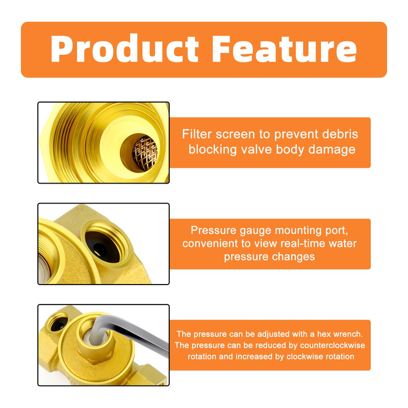 GASHER Brass 1/2" Pressure Regulator Adjustable,Water Pressure Reducer Kit, Pressure Relief Valve For RV Camper Travel,Water Heater,Solar And Home