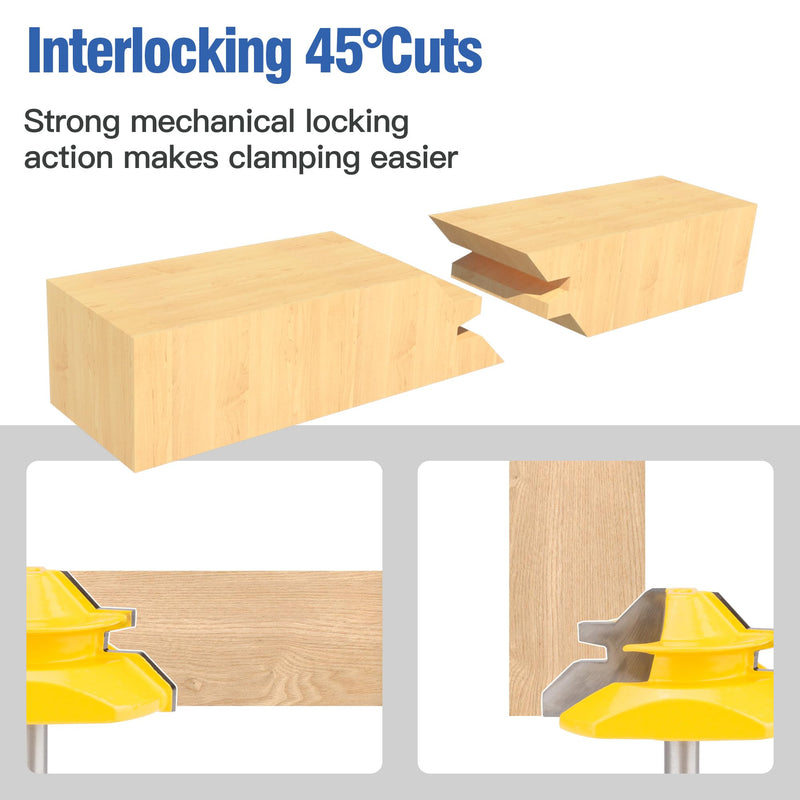HUHAO 3PCS 45 Degree Lock Miter Router Bit Set 1/4 Inch Shank for 21/32",9/16",15/16" Cutting Height Joint Router Bits for Creating Lock Miter Joint