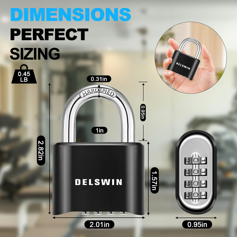 DELSWIN 4-Digit Combination Lock Outdoor Padlock - Heavy Duty Locker Lock with Hardened Steel Shackle, Waterproof Combo Lock for Gym Locker, Hasp Storage, Shed, Fence, Gate (Black,1Pcs) Charcoal Black 1 Piece