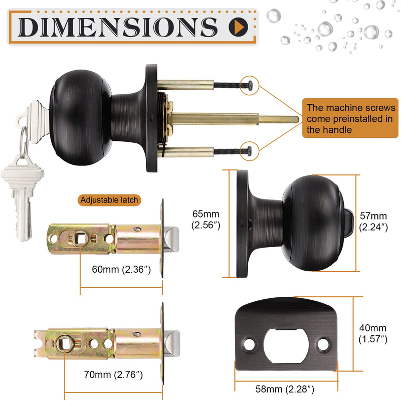 Probrico Door Knobs with Lock and Key, Exterior Door Locks, Flat Ball Knob Style, Oil Rubbed Bronze, 1 Pack