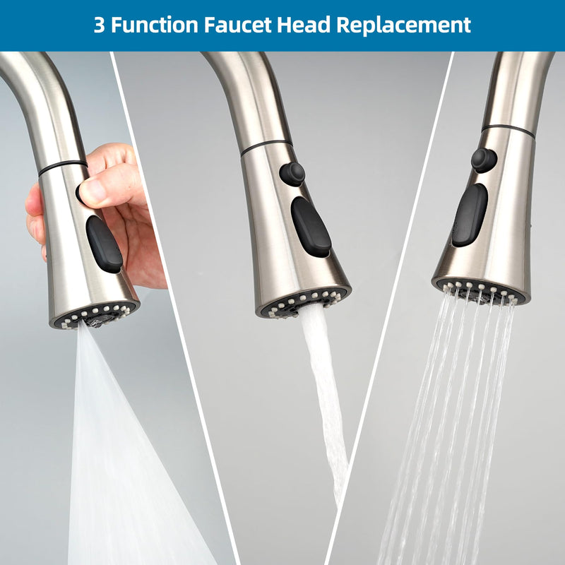 Universal Kitchen Faucet Head Replacement with 15 Adapter Kit Compatible with Kohler/Moen/Delta Faucet, 3 Function Pull Down Sink Faucet Spray Head, Brushed Nickel Acrylonitrile Butadiene Styrene (ABS)