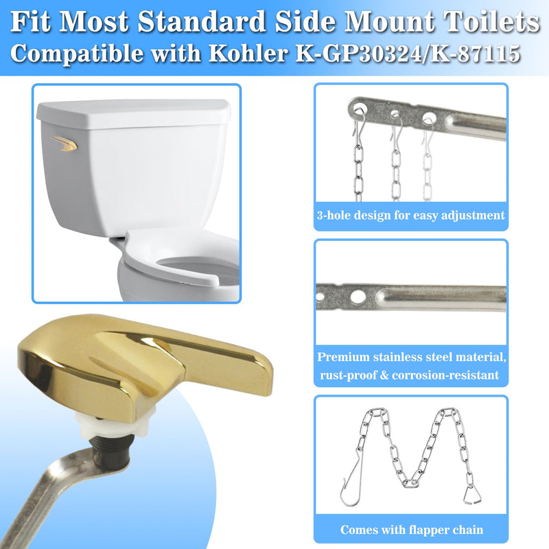 Toilet Handle Replacement Kit, Universal Side Mount Toilet Tank Flush Lever with Stainless Steel Flapper Chains Compatible with Kohler K-87115 Trip Lever, Polished/Shiny Gold Polished Gold