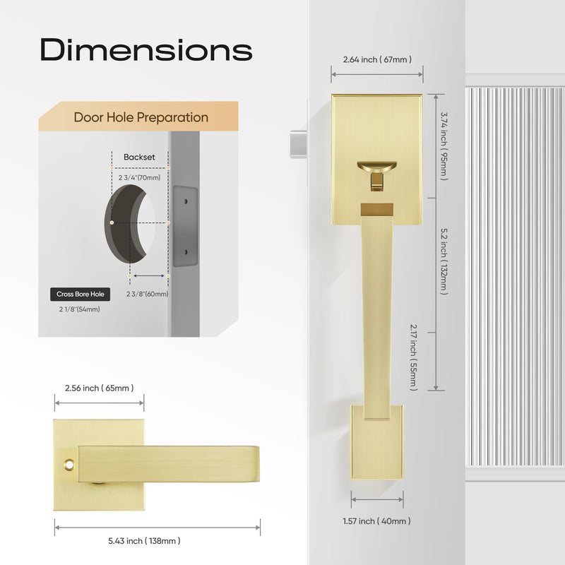 Leydebong Brushed Brass No Lock Front Door Handle Set with Reversible Lever - Exterior Door Handle Set for Right or Left Handed Doors, Front Door Handle Satin Brass