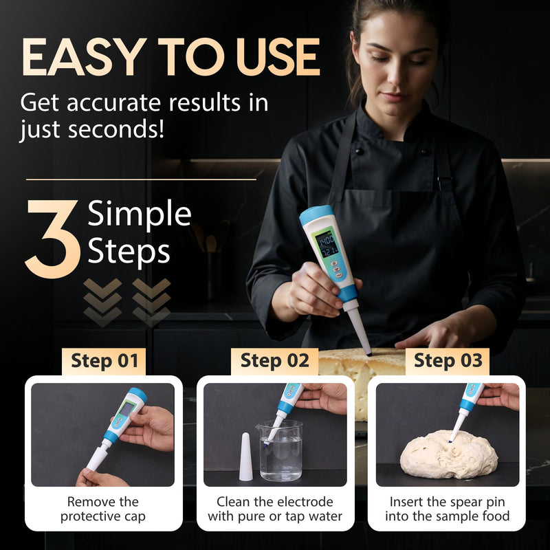 Digital pH Meter for Food Testing - Sourdough, Fermentation, Cheese & Canning - Solid Food Probe with Calibration Powder - Professional pH Tester for Home Cooks & Bakers (0.00-14.00)