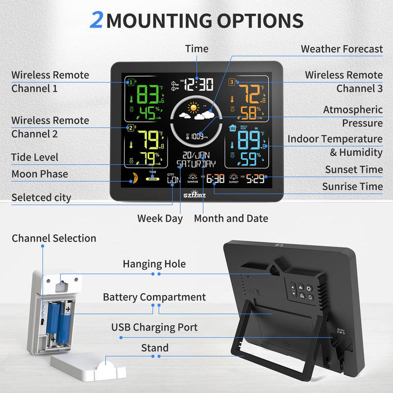 Weather Stations Wireless Indoor Outdoor Thermometer with Multiple Sensors, 7.5" VA Display Weather Forecast Station with Atomic Clock, Temperature, Humidity and Adjustable Backlight for Home Black-Basic Weather Station