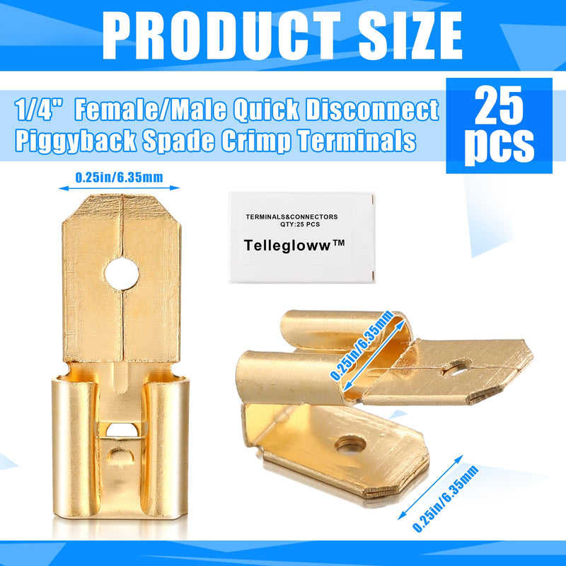 25 Pcs Piggyback Spade Connectors, 3 Way Adapter Dual Male to Single Female Brass Quick Disconnect Connectors Piggyback Terminals Crimp Terminals Assortment Kit, Unisulated 25