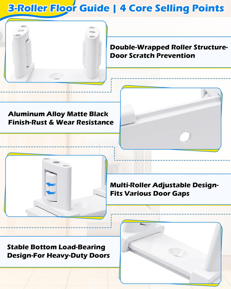 IWIWE Bypass Door Guide, White Sliding Closet Door Floor Guide, Adjustable 3-Roller Bottom Mount for Bypass & Double Bypass Doors, Sliding Door Upgrade Kit (2 Pack) 2