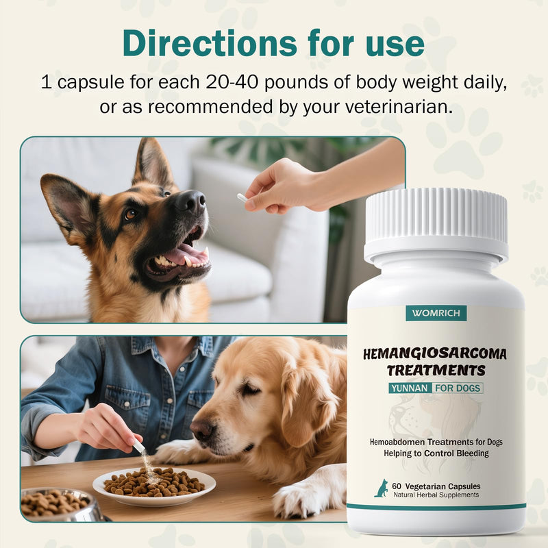Blood Support for Dogs, Yunnan Sanqi Capsules for Dogs for Hemangiosarcoma, Hemoabdomen, Pericardial Effusion, Cancer Bleeding, Severe Bruising, Ulcer-Related Bleeding, Bloody Stools - 60 Capsules Chicken