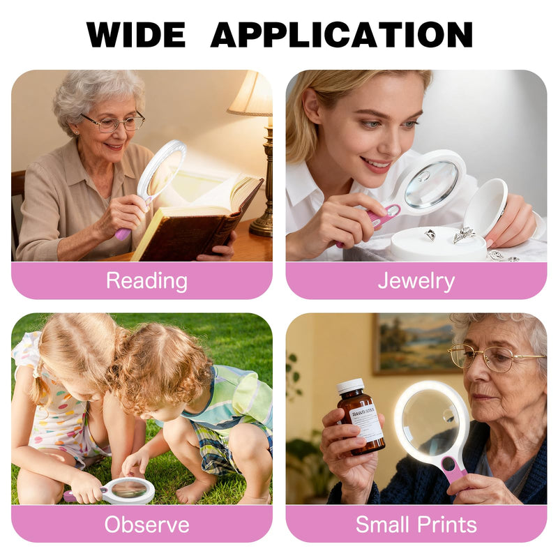 Rechargeable Large 5.2'' Magnifying Glass with Light, 10X 20X 45X Handheld Magnifying Glasses for Reading, 3 Lighted Modes Non-Slip Handle Magnifier for Seniors Close Work Coins Jewelry Hobby