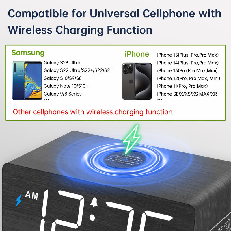 DreamSky Wooden Digital Alarm Clock with Wireless Charging for Bedroom, Bedside Nightstand Clock with Charger Station, USB Port, Large Numbers, Adjustable Volume, Brightness Dimmer, DST Black