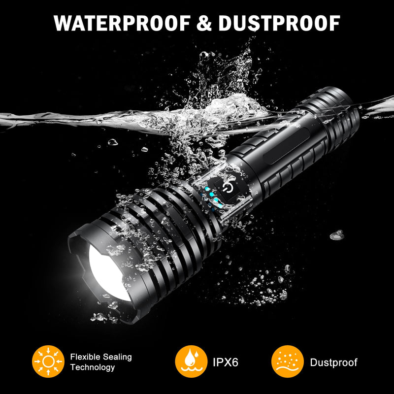 Rechargeable Flashlights 5000.000 High Lumens,Super Bright LED Flashlight for Home Emergency, Waterproof Handheld Flashlights with Pouch, 5000mAh Battery, Spotlight and Floodlight Function