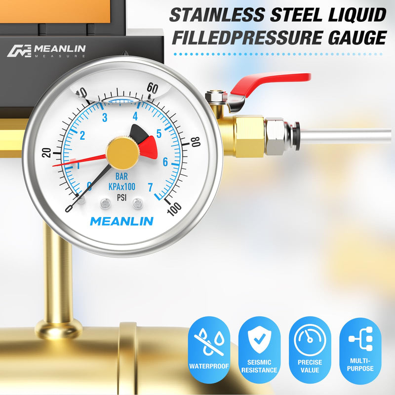 MEANLIN MEASURE 0~100Psi Stainless Steel 1/4" NPT 2.5" FACE DIAL with Reset Pointer Liquid Filled Pressure Gauge WOG Water Oil Air, Lower Mount, with 1/8" x 1/4" NPT and 1/8" x 3/8" NPT Hex Bushing 0-100Psi