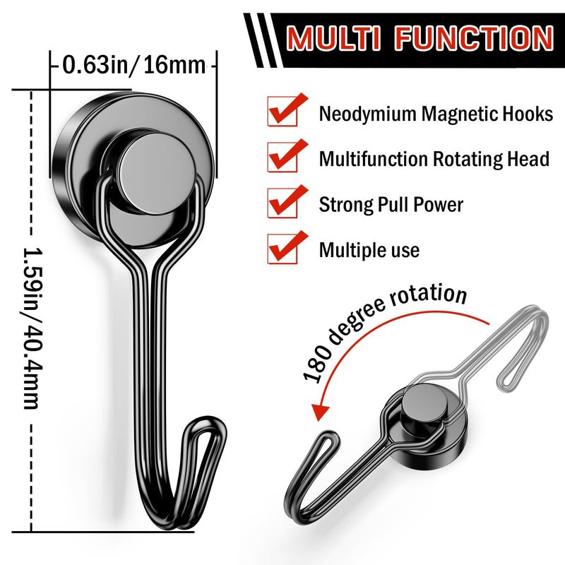 FINDMAG Magnetic Hooks 30 LBS Magnetic Hooks Cruise Black Heavy Duty Strong Neodymium Swivel Magnet Hook for Hanging, Magnets with Hook for Refrigerator, Grill, Locker - 6 Pack 6Pack 30Lbs+