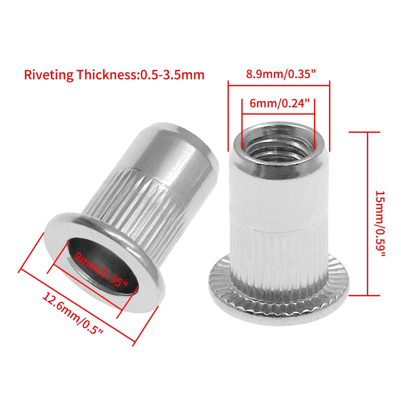60Pcs M6 Rivet Nuts, Bonsicoky 304 Stainless Steel Flat Head Rivnut Threaded Insert Nutsert Knurled Blind Rivet Nut M6-60Pcs