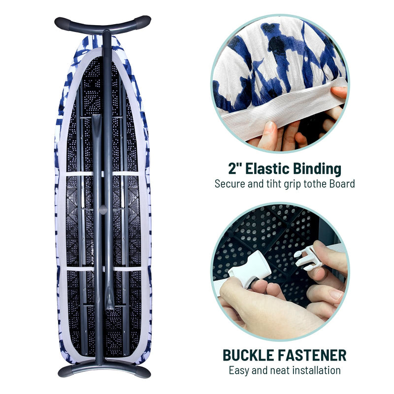 Ironing Board Cover and pad - 15 x 54 Thick Padding 4 Layers with 2" Elastic, Stain Resistant & Durable Scorch, 2 Click Buckles for Smooth Iron/Easy Installation, Blue Brushstrokes 15x54
