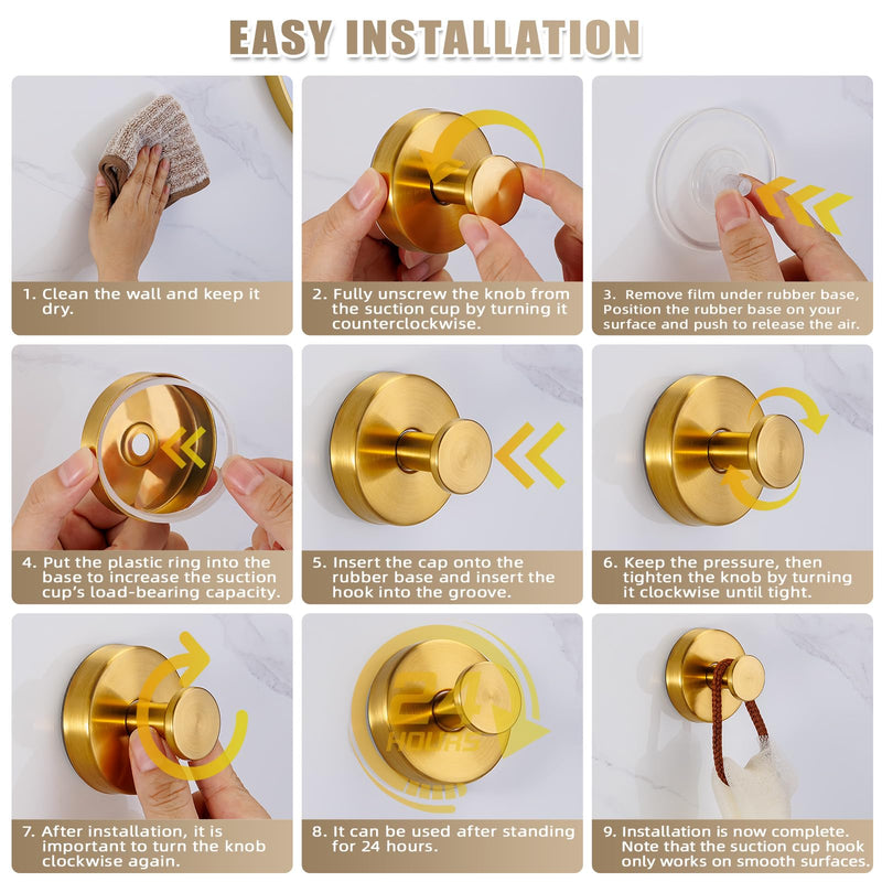 Suction Cup Hooks for Shower No-Drill Bathroom Hooks for Towels, Robes, Loofah Mountable on Bathroom Walls, Kitchen, Glass, Mirrors, Tile and Smooth,Non-Porous Surfaces (2 Pack, Brushed Gold) 2
