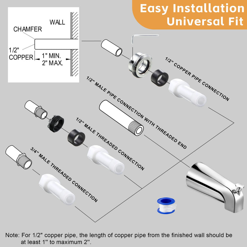 Dreyoo Tub Spout (Universal Fits 1/2" Copper Pipe, 1/2" IPS and 3/4" IPS), Bathroom Bathtub Faucet with Adapters and Hex Wrench (Chrome,Simple) Chrome Simple