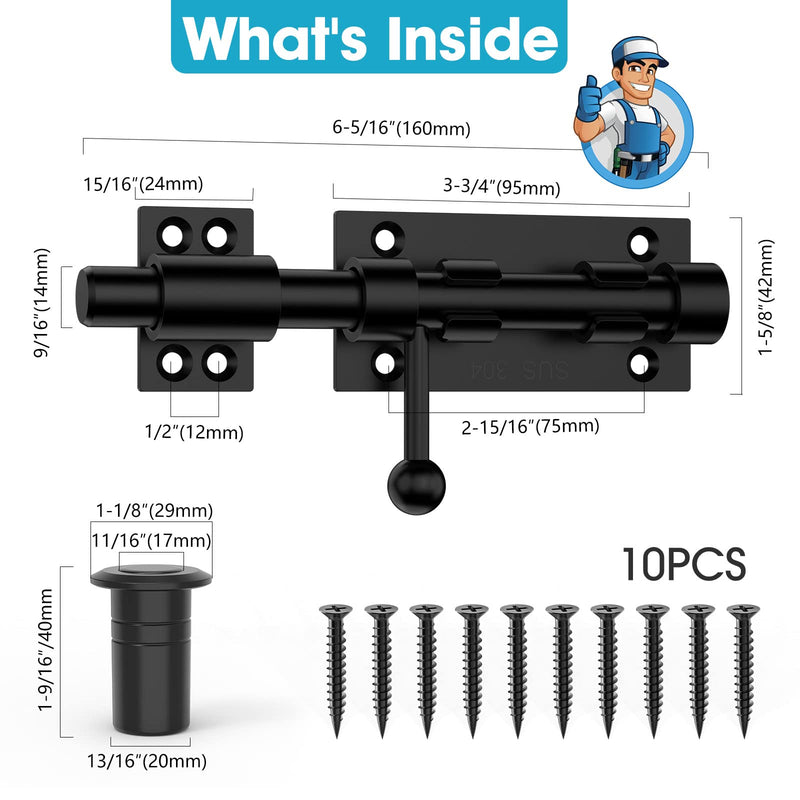 Slide Bolt Gate Latch Hardware, Barrel Bolt Latch, 6.3 Inch Heavy Duty Solid 304 Stainless Steel Black Finish Lock for Wooden Fence/Shed/Yard/Barn Door/Interior and Outdoor (2 Pack Black) 2 Pack Black